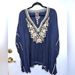 Johnny Was Summer Embroidered Blouse Size 2X Blue with White Trim